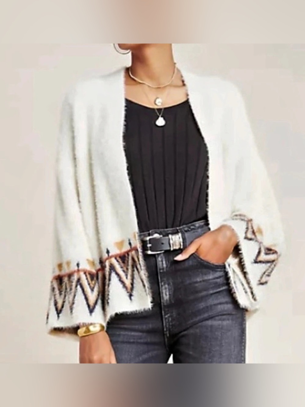Anthropologie Cream and Brown Geometric Fuzzy Kimono Cardigan - Size OS